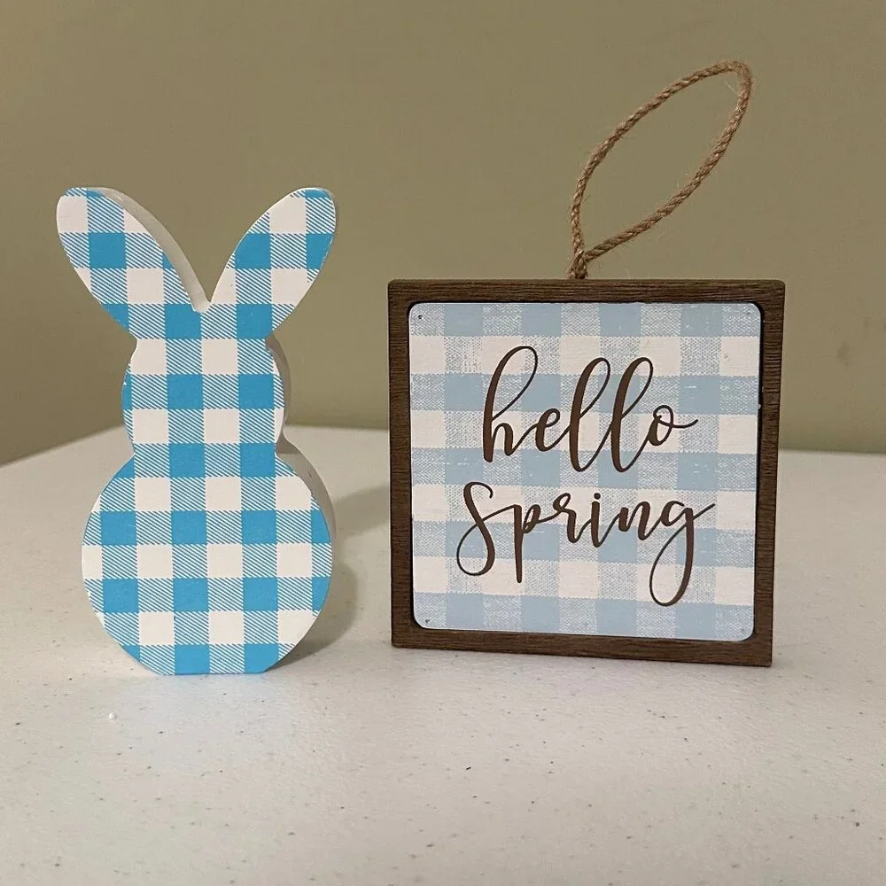 Small HELLO SPRING wood sign AND Easter Bunny Buffalo plaid spring tiered tray